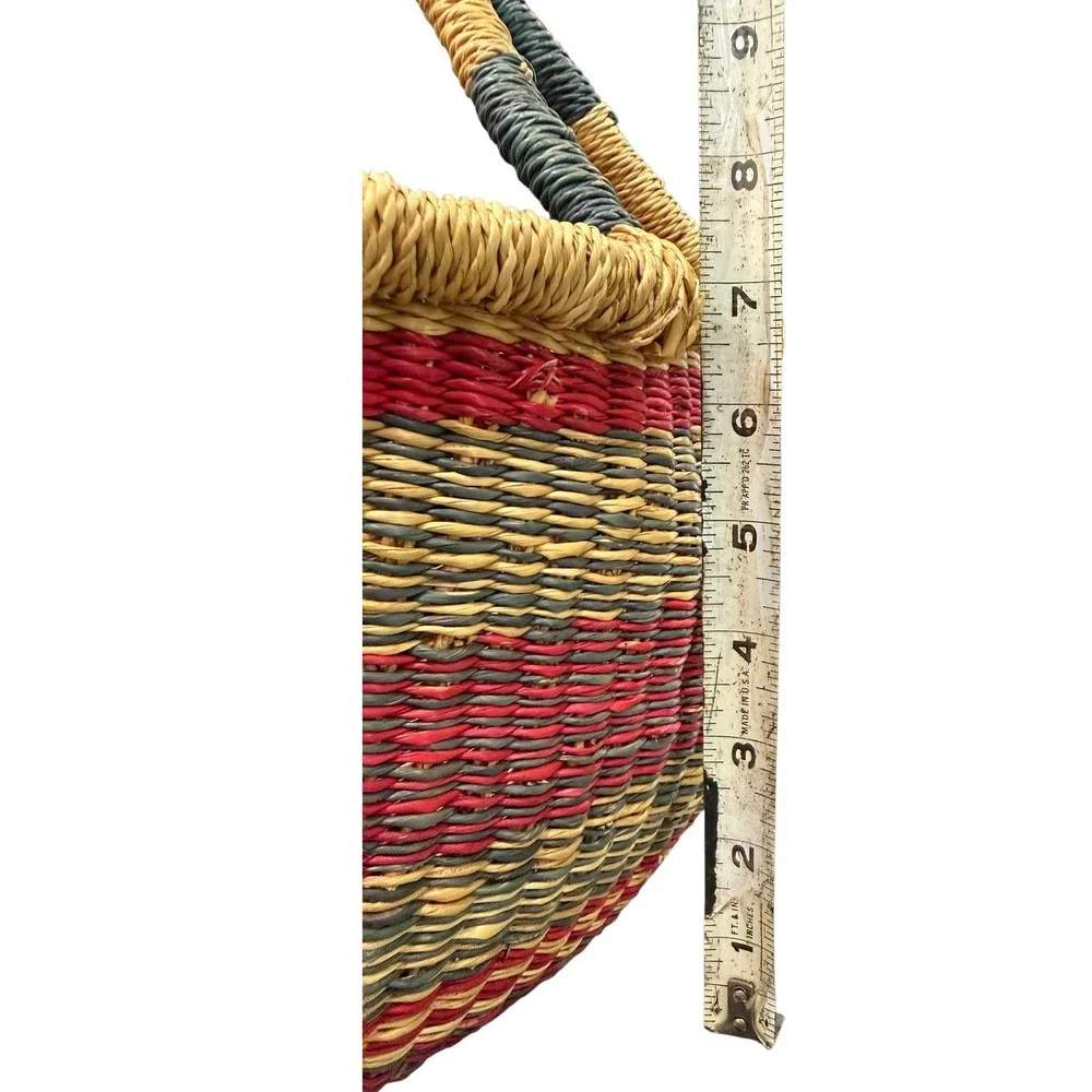 Handwoven Woven Market Basket Leather Handle Boho Storage Farmhouse Decor Tote
